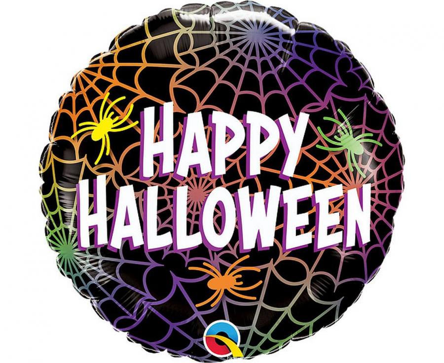 Balon foliowy 18″ QL RND „Happy Halloween” (kolorowa pajęczyna)