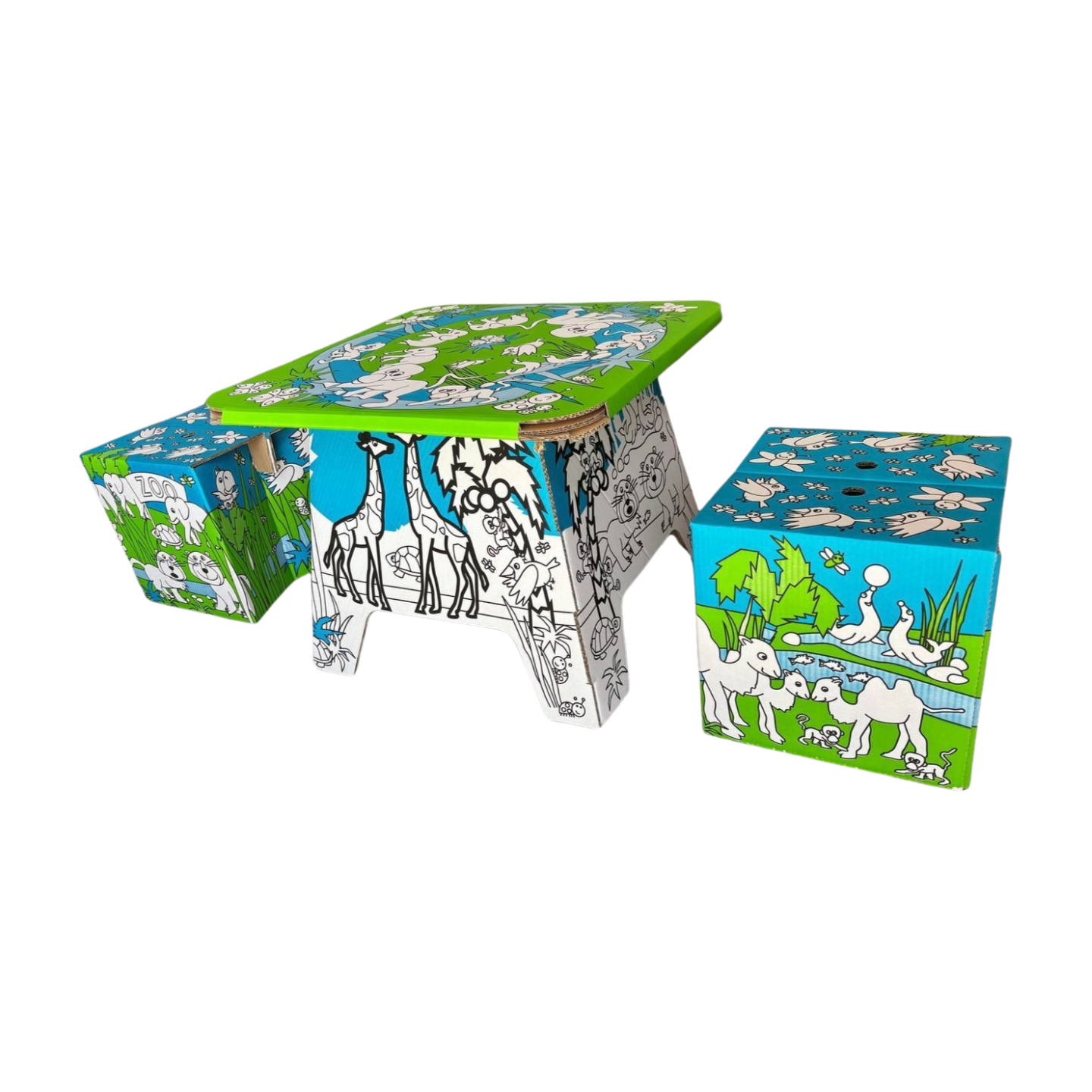 Zestaw Kartonowych Mebli dla Dzieci do Kolorowania – Stolik + 2 Taborety – Motyw Safari