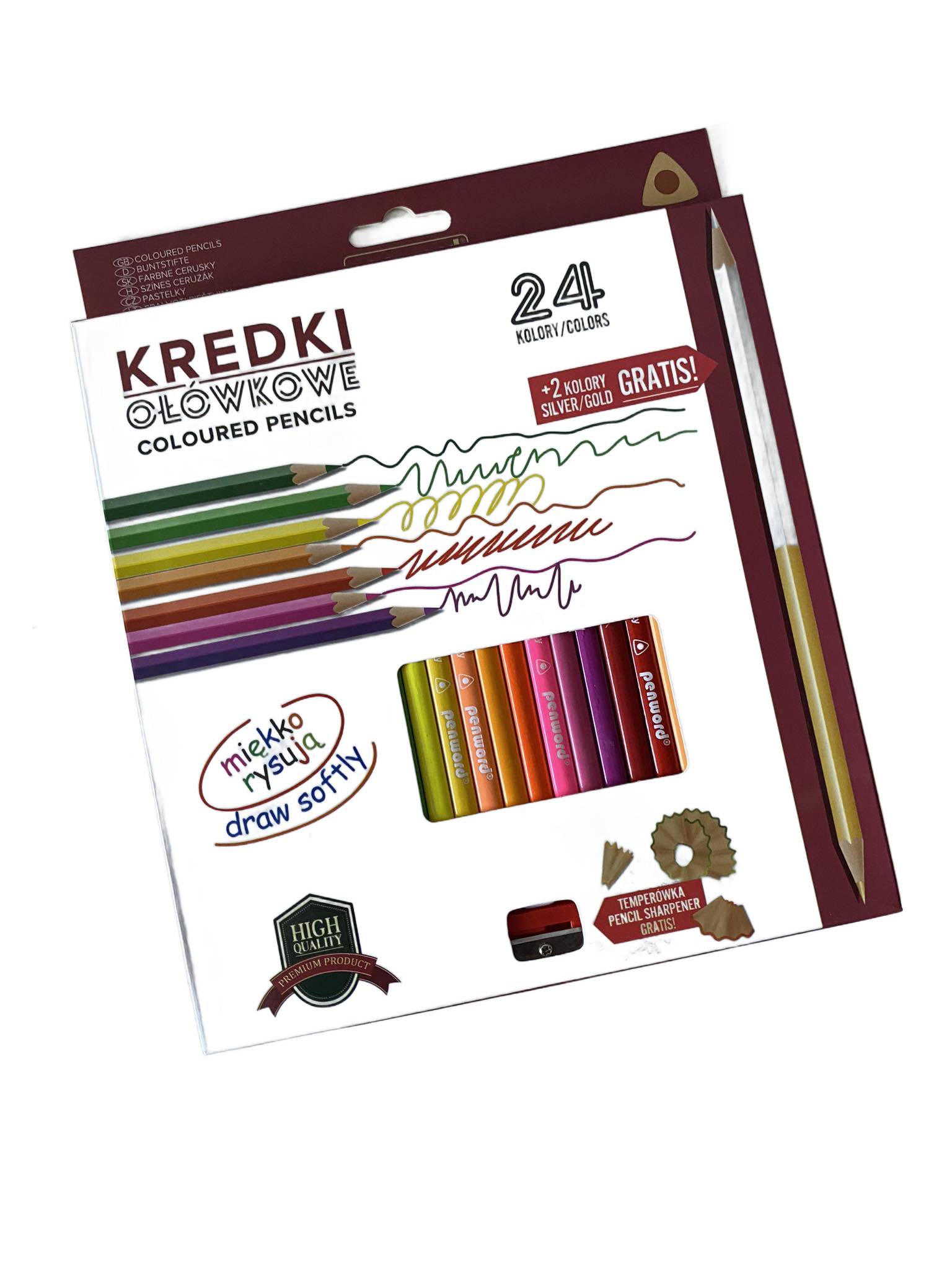 Kredki ołówkowe  trójkątne 24 kolorów + temperówka + 2 kolory