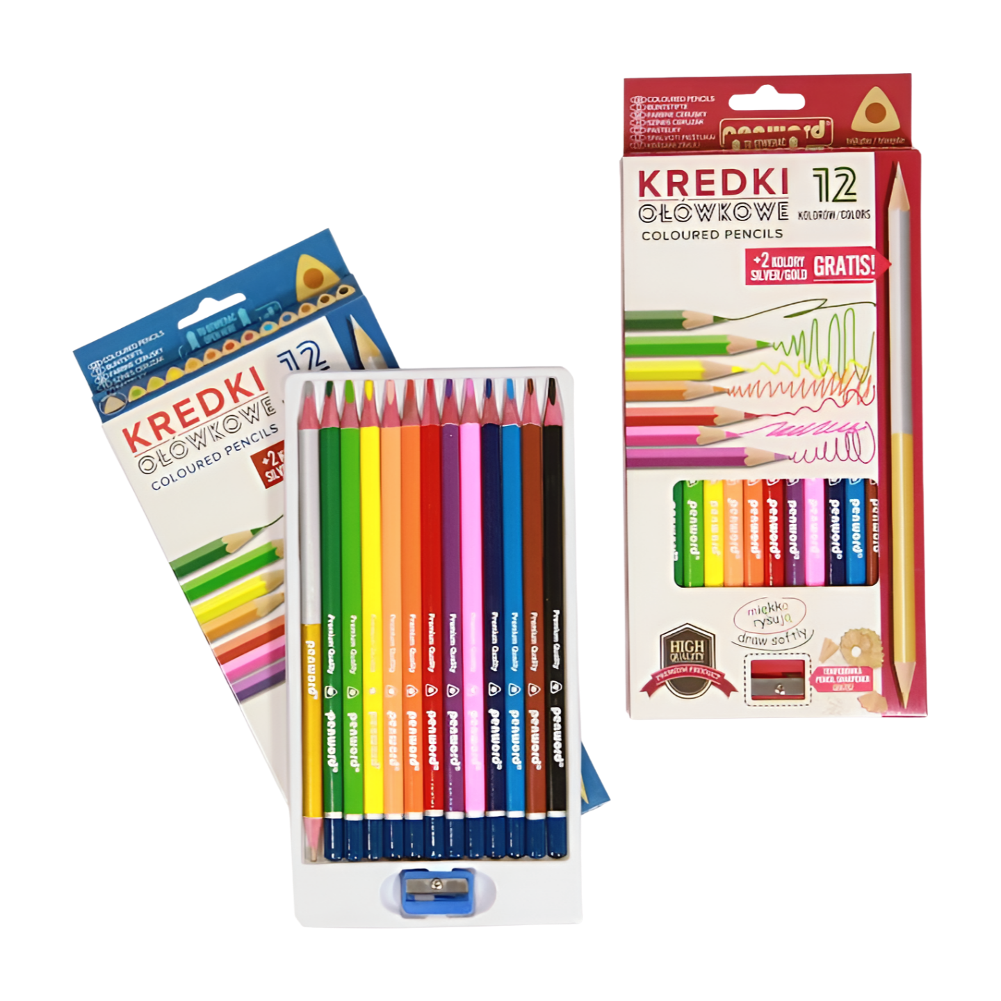 Kredki ołówkowe trójkątne 12 kolorów + temperówka + 2 kolory