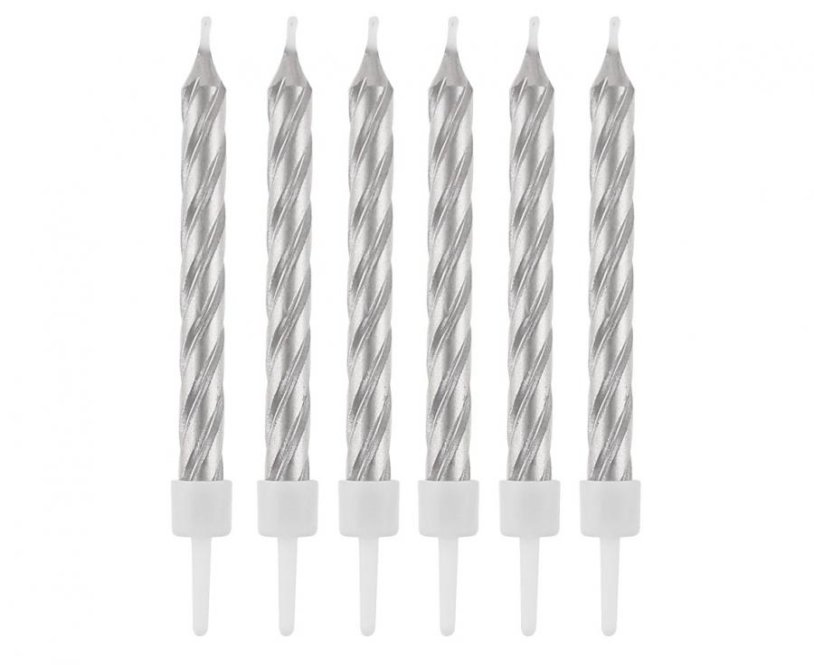 Świeczki B&amp;C z podstawkami, zakręcone srebrne, 8 cm, 12 szt.