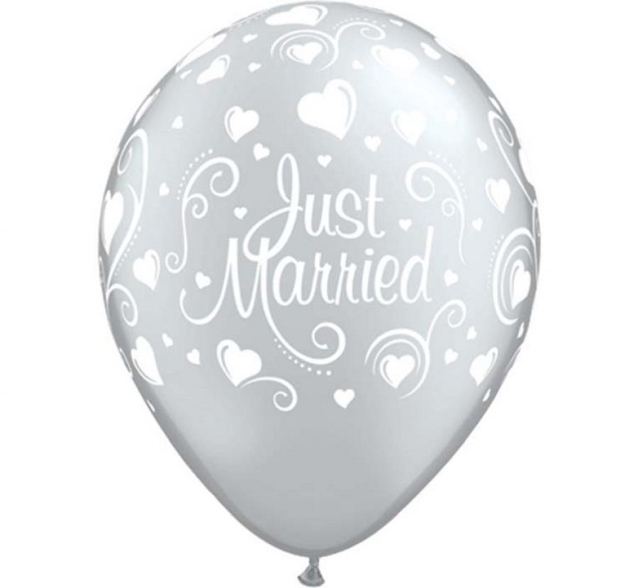 Balon QL 11″ z nadr. „Just Married i serca”, metalik perłowy / 6 szt