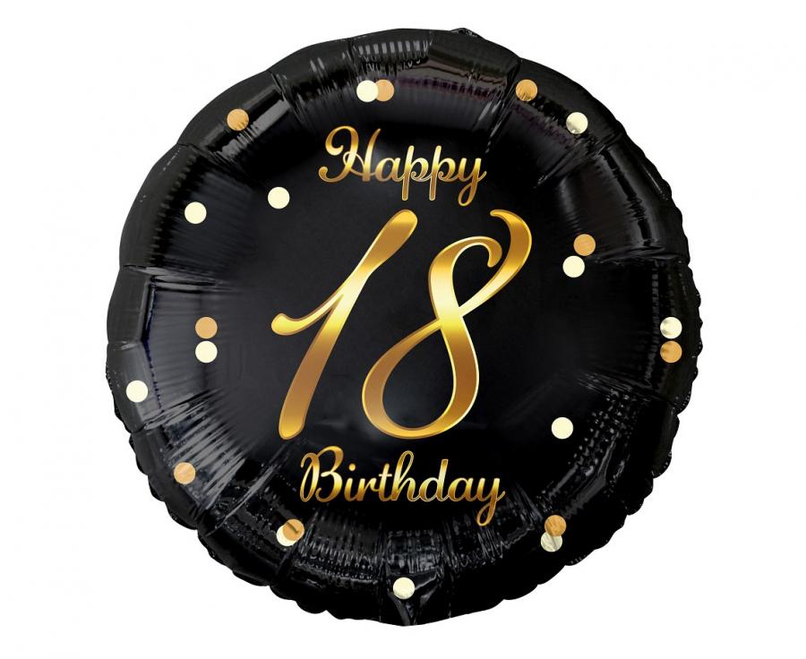 Balon foliowy B&C Happy 18 Birthday, czarny, nadruk złoty 18